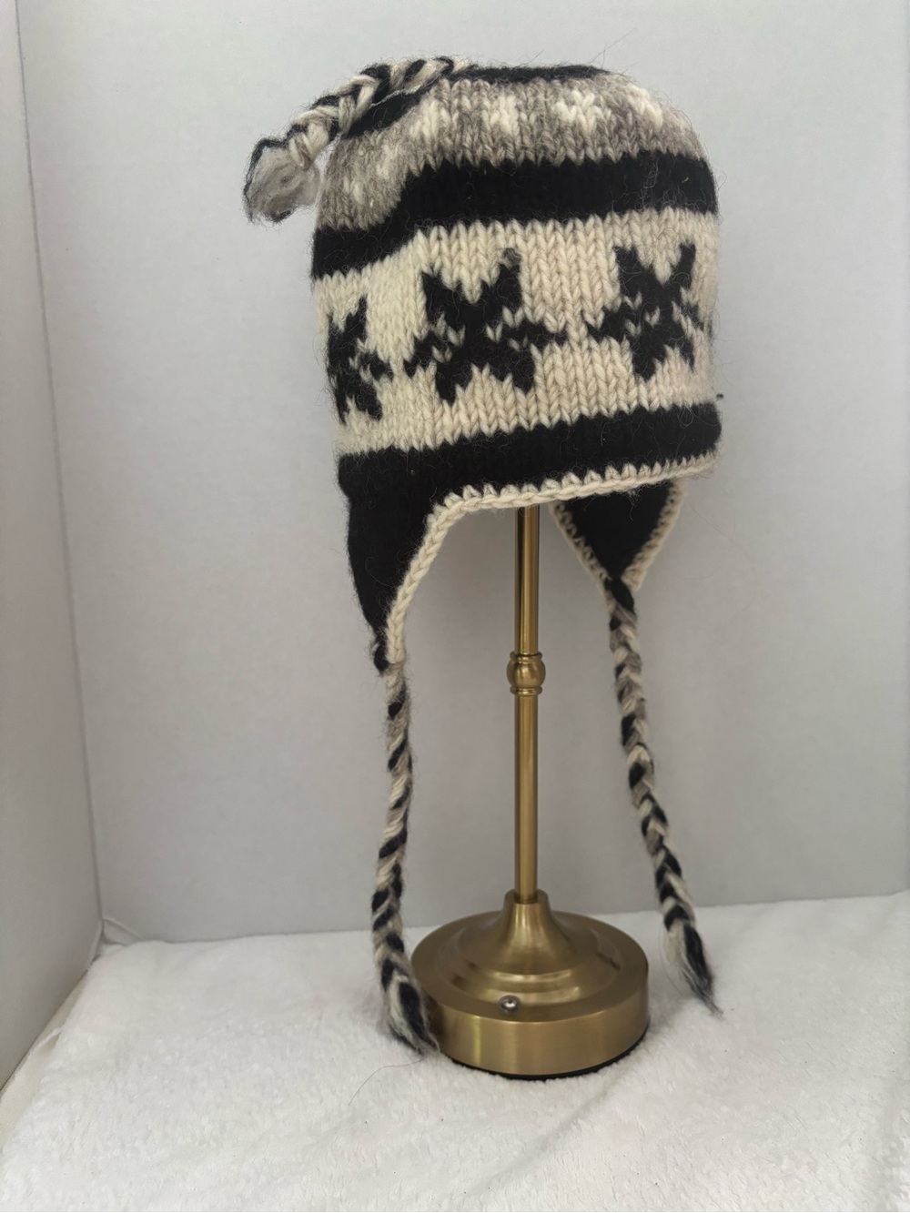 Wool Black & Cream Knit Earflap Hat with Snowflake Motif - Unbranded
